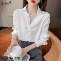 elegant fashion turn down collar loose long sleeve blouses simple white thin chiffon solid color womens clothing summer 2022