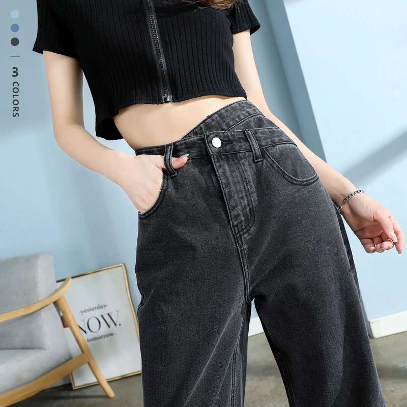 

Прямые джинсы с завышенной талией, весна-лето, женские джинсовые брюки, уличная одежда, женские хлопковые мешковатые брюки с эффектом потертости на талии