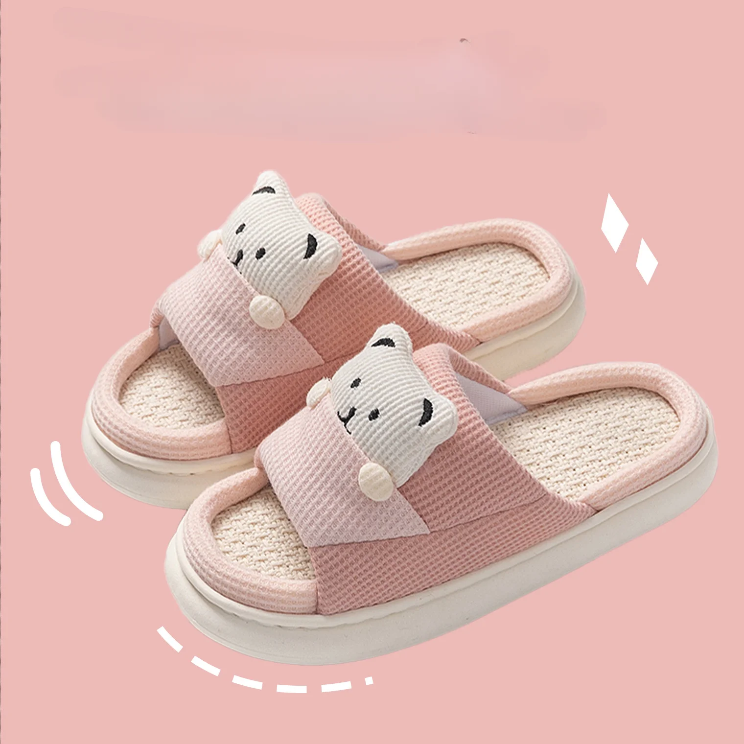 Women Cartoon Bear Decor Home Slippers Preppy Fabric Novelty Couple Casual Indoor Slides Soft Comfy Linen Open Toe Pink Shoes