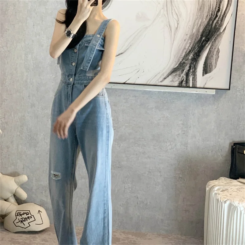 Jumpsuits Solid Denim High Waist Basic 