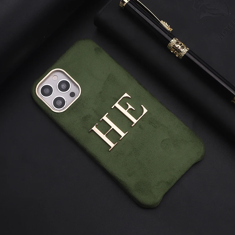 

Luxury Custom Name Big Gold Metal Letter Flannel Leather For iPhone 11 12 13Pro Max 14Pro Plus Personalization Cover