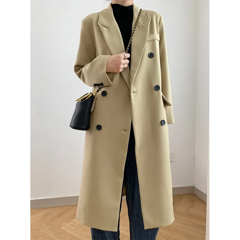 2022 Solid Color Suit Mid-Length Double-Breasted Spring and Autumn High-End Women's Loose Casual Korean Style Suit Top