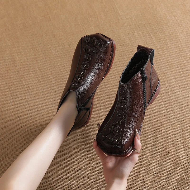 Women Boots Autumn Winter Fashion Ladies Leather Booties Flowers Design Solid Female Outdoor Shoes Warm Plush Woman Cotton Shoes