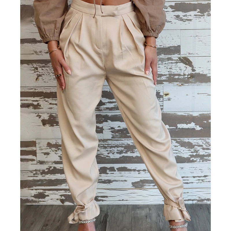 

Women High Waist Fashion Casual Ankle Length Pants Trousers Ruched Pocket Design Cuffed Pants Solid Color Pants