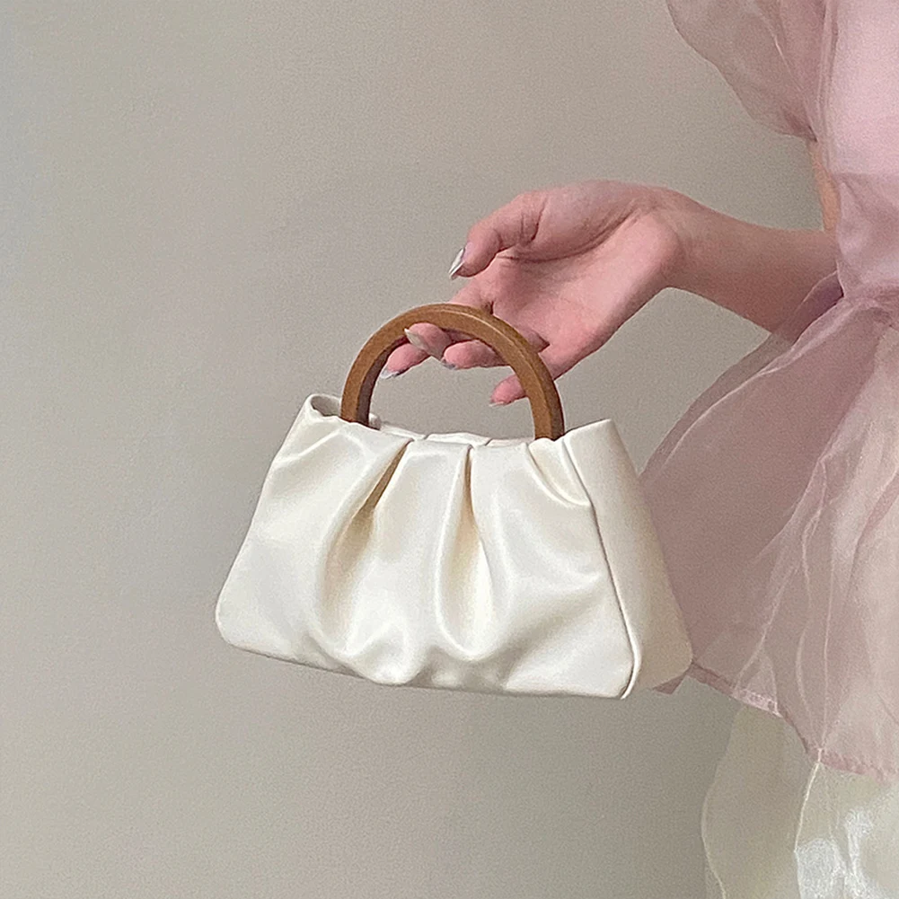 

Women Evening Purse Tote Purse Clutch Bag Cloud Pleated Dumpling Bag Trend Ruched Shoulder Crossbody Handbags with Wooden Handle