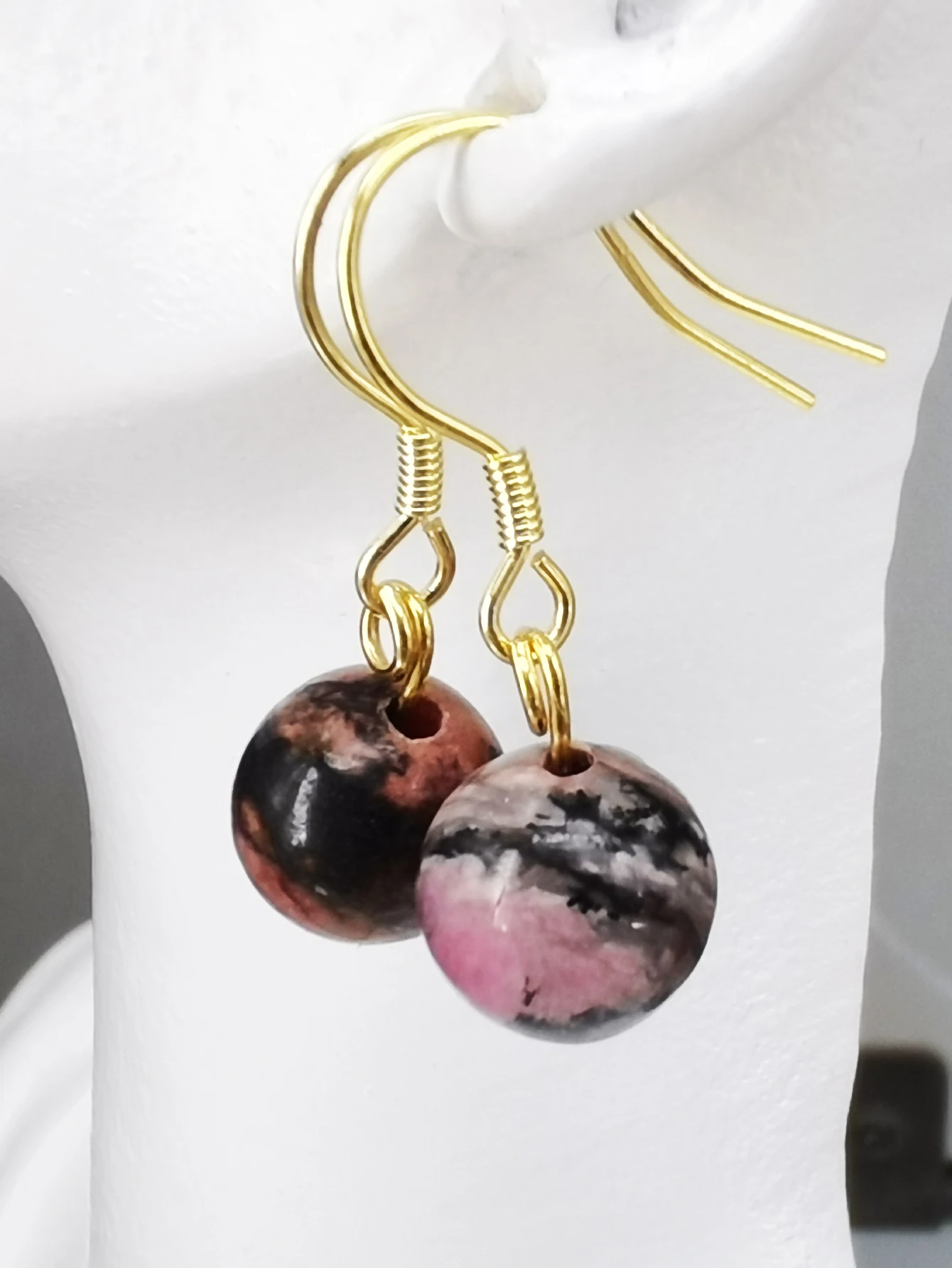 

Natural 8mm round rhodochrosite and S925 hook earrings one pair