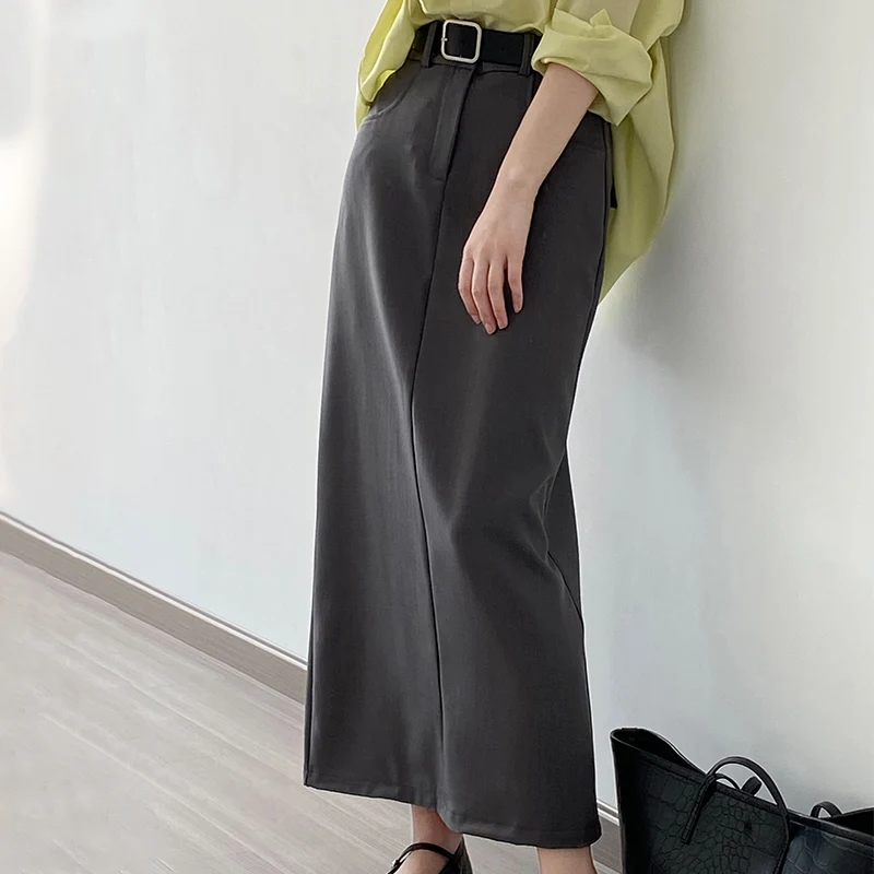 

Женская юбка средней длины, прямая элегантная юбка в Корейском стиле с высокой талией и разрезом на спине и карманами, весна-лето 2023