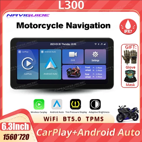 NAVIGUIDE L300 6,3 ''Linux carplay беспроводной мотоцикл CarPlay и Android Авто Портативный мото ЖК-дисплей IPX7 WiFi 1560*720 BT 5,0