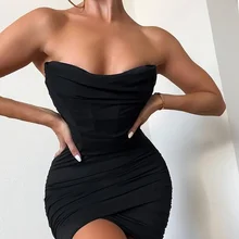 Sexy sem alças espartilho vestido desossado ruched dupla camada forro estiramento anti deslizamento malha bodycon vestido mulher curto vestidos pretos (1)