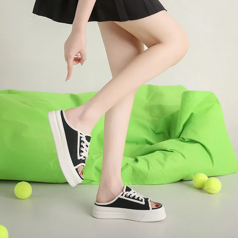 New Summer Comfortable Platform Women's Slippers Fashion Breathable Lace-up Canvas Shoes For Women Non-slip Ladies Casual Shoes