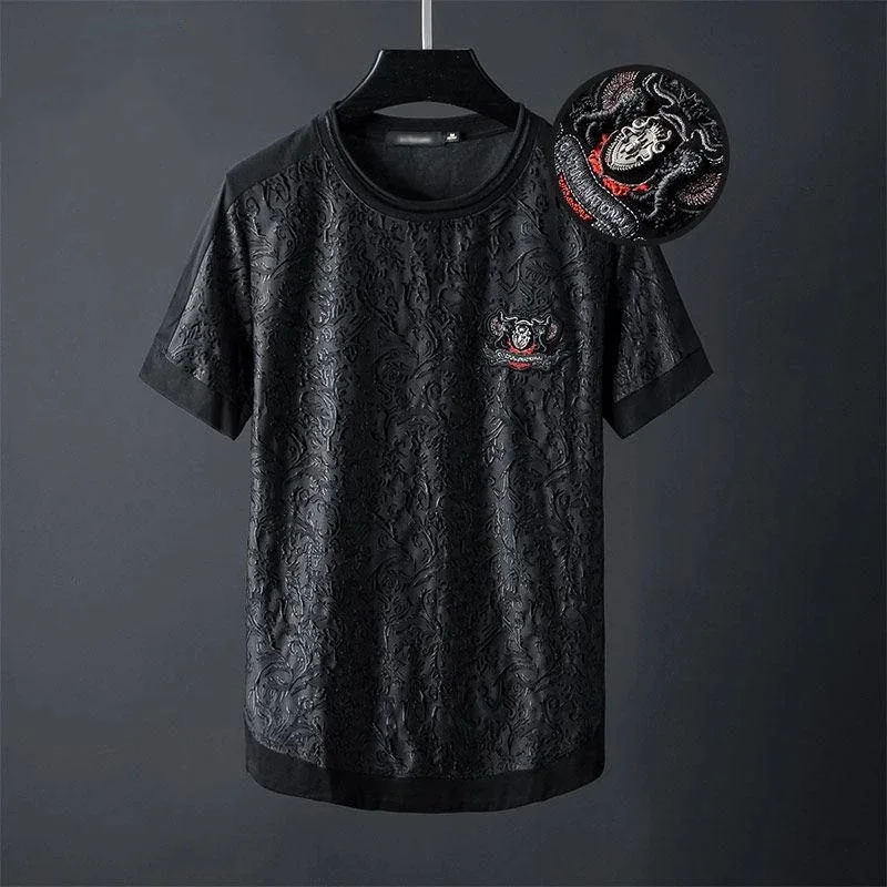 

new personalized dark 2023 jacquard short t-shirt round neck large loose European casual men's half sleeve fashion