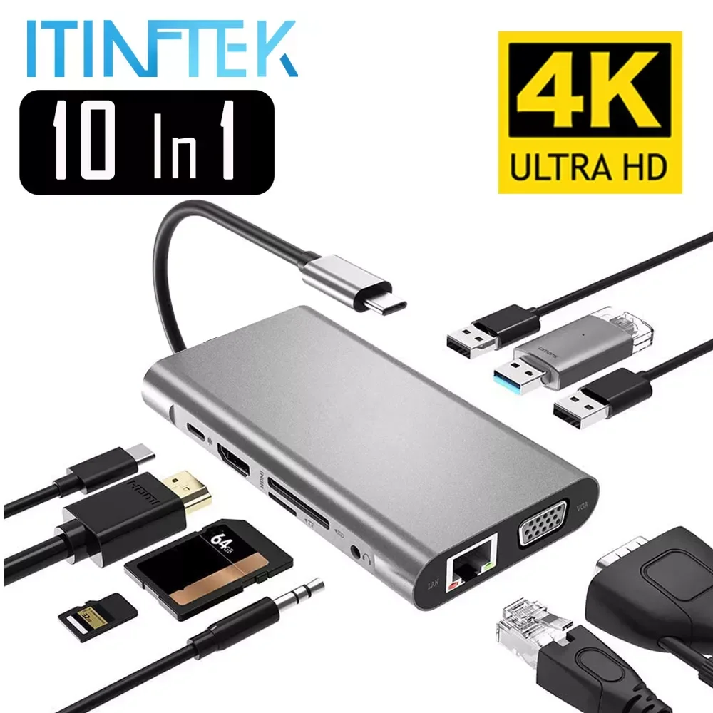 

USB Type C Hub Type-C To HDMI 4K VGA Adapter RJ45 Lan Ethernet SD TF USB-C 3.0 Typec 3.5mm Jack Audio Video for MacBook Pro OTG