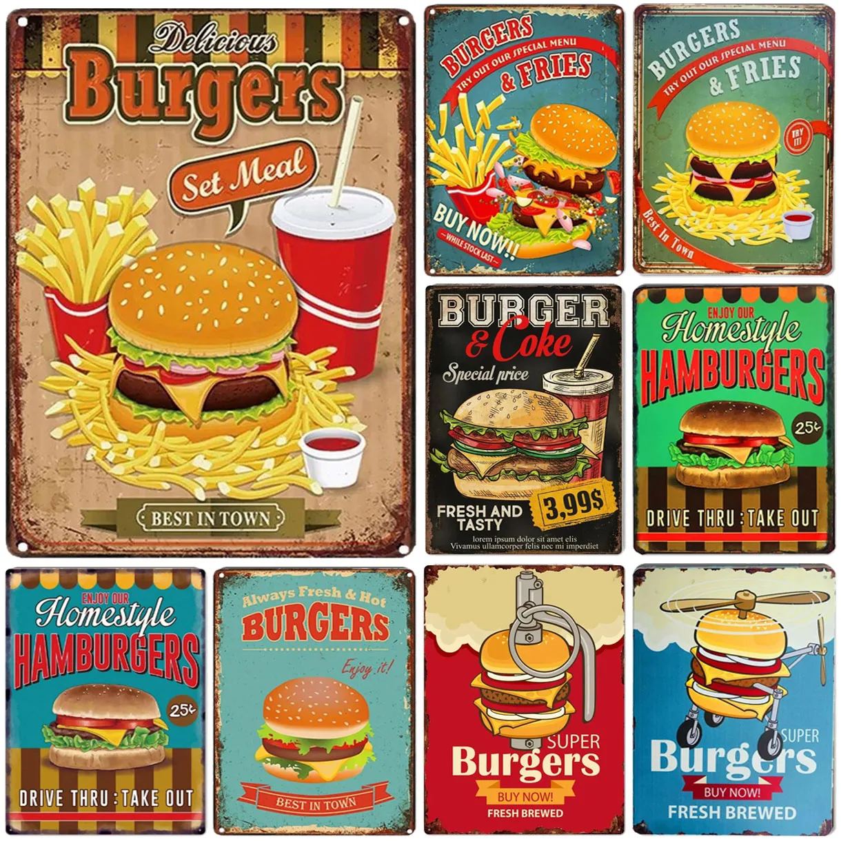 Винтажный Металлический Знак Настенный Декор - Гамбургеры Картофель Фри