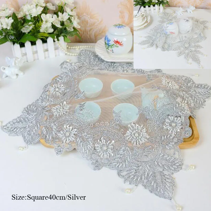 

TOP lace silver beads table place mat pad cloth hand-embroidery cup doily coaster Christmas placemat wedding kitchen Accessories