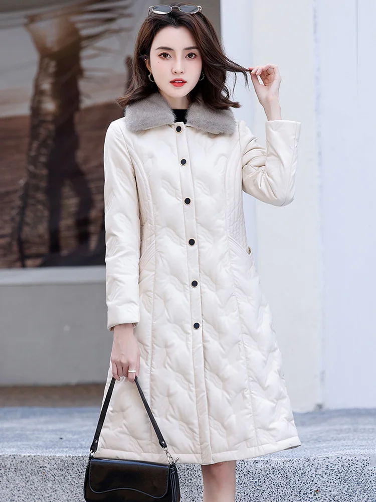 New Women Long Leather Down Coat Autumn Winter Casual Fashion Real Fur Collar Slim Sheepskin Down Coat Thicken Warm Outerwear