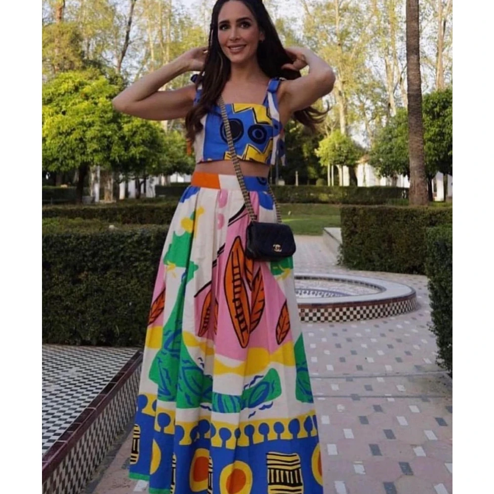

Wepbel Summer Dress Sets Holiday Two Piece Set Outfits Floral Print Sling Top High Waist Skirt Leisure Suit Women's Beach Skirts