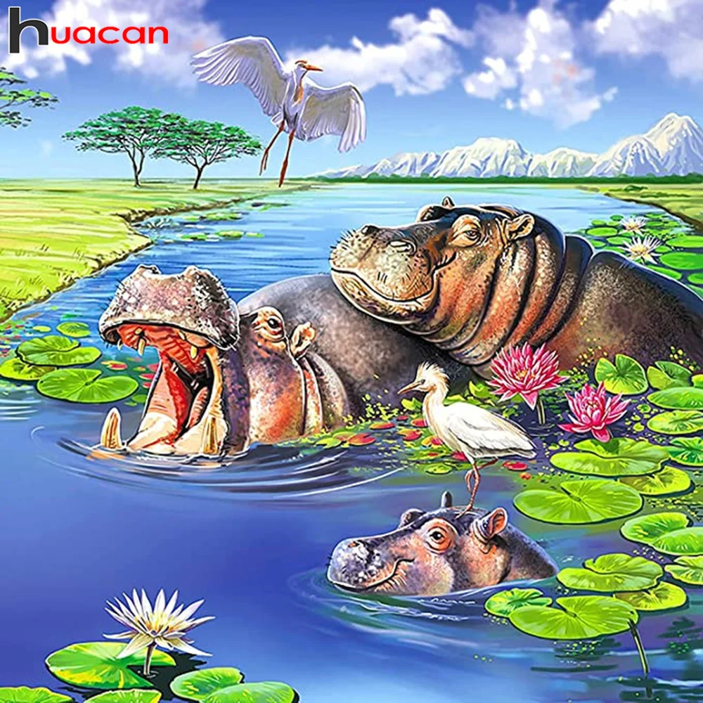 

Алмазная 5d картина Huacan, мультяшный Бегемот с рисунком, домашний декор, мозаика с изображением животных, реки, вышивка крестиком, наклейка на стену
