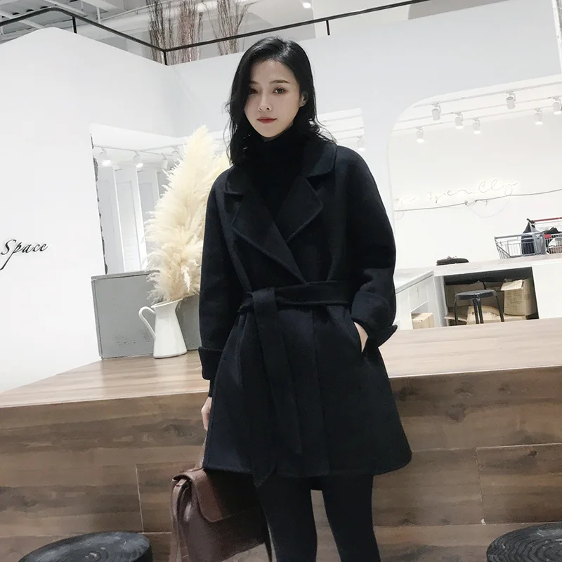 

Женское шерстяное пальто с поясом, черное пальто из 2022 натуральной шерсти, пальто в Корейском стиле на осень и зиму, 100%
