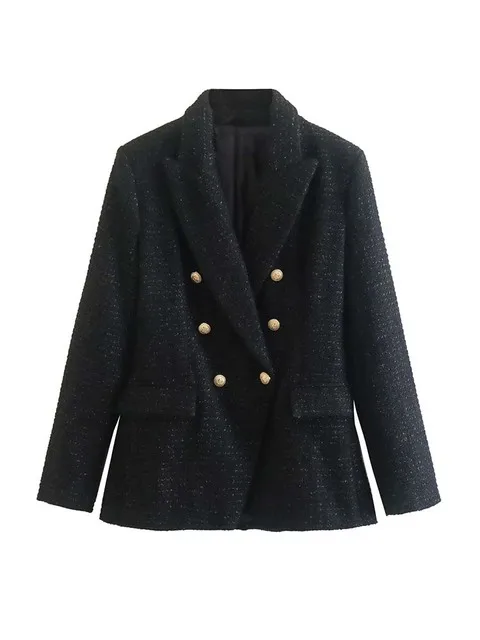 2023 Women Jacket Spring Fashion Double Breasted Tweed Blazer Coat Vintage Long Sleeve Female Outerwear Chic Top 2022
