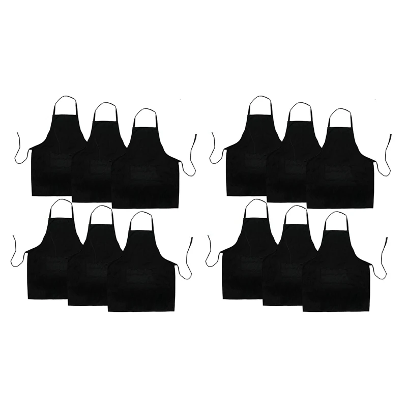 

Hot 12 Pack Black Kitchen Apron With 2 Pockets Anti-Dirty Apron Suitable For Barbecue Kitchen Cooking Baking Restaurant