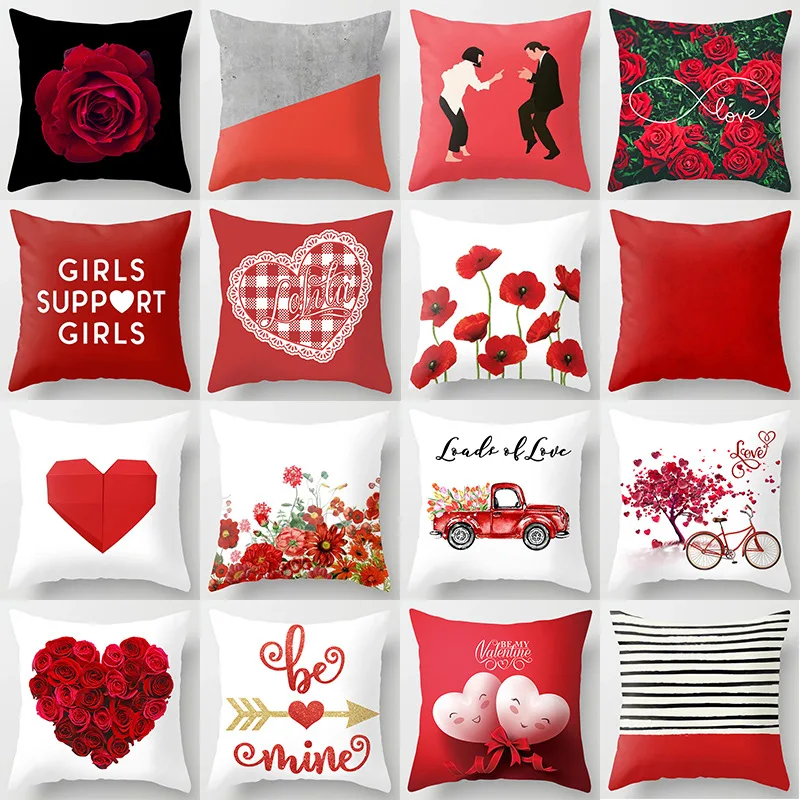 

Black And White Decor Valentine's Day Peach Pillowcase Red Rose Love Home Decoration Sofa Cushion Cover Cross Border