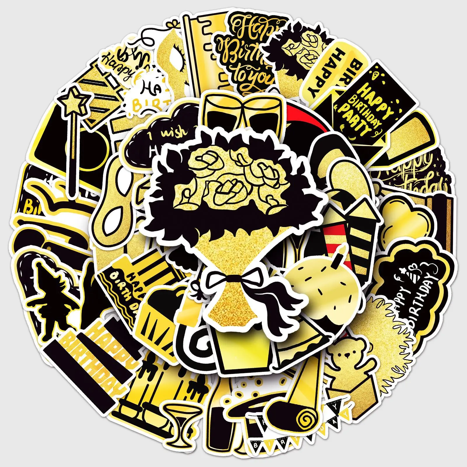 

50Pcs Black Gold Happy Birthday Stickers Cute Cartoon Holiday Decorative Decals DIY Phone Laptop Home Party Decor Gift Label B2