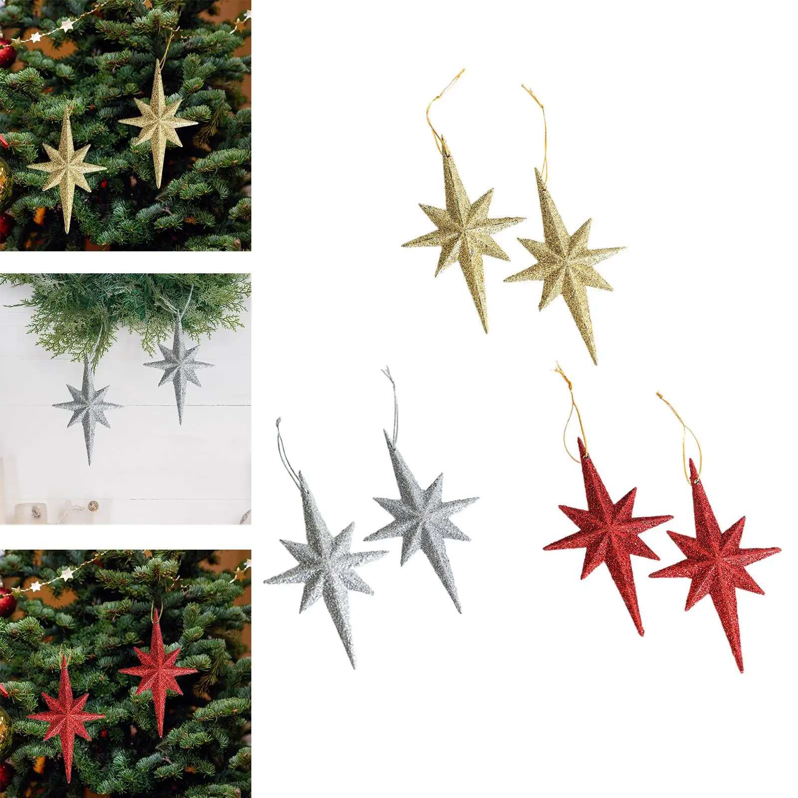 2Pcs Christmas Glitter Star Pendants Reusable for Wedding Restaurant Office