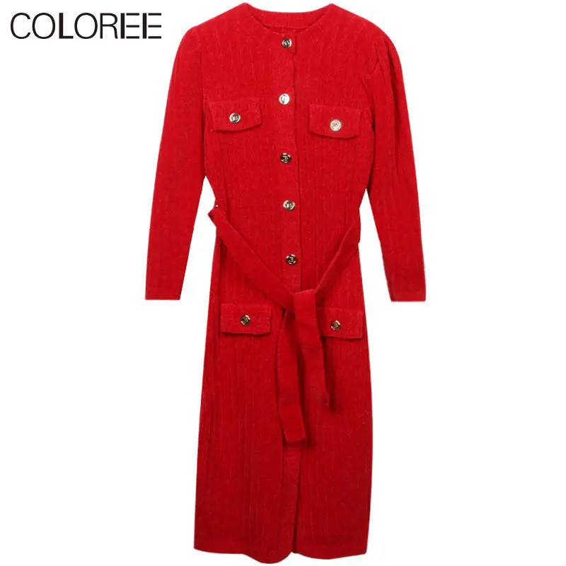 

Red/black Knit Dress Women 2022 Casual Gold Buttons O-neck Long Sleeve Knitted Sweater Dress Luxuy Designer Winter Clothes