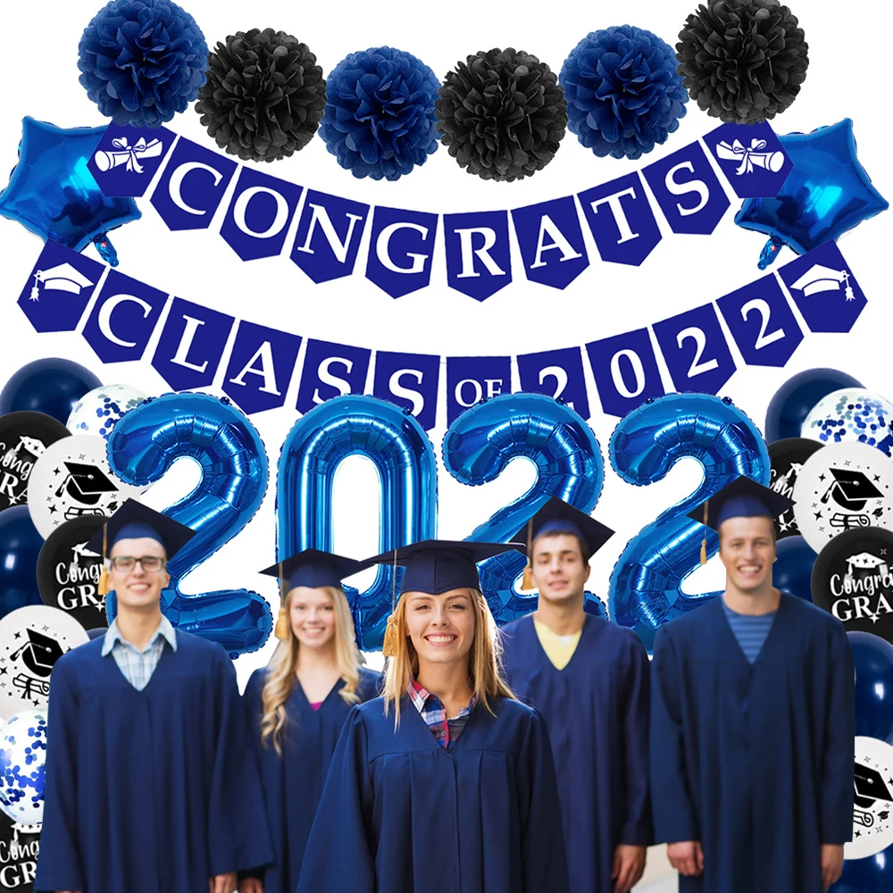 

New Congrats Class of 2022 Party Supply Graduation Themed Party Decoration Foil Balloon Banner Paper Ball Party Favor Sets EL