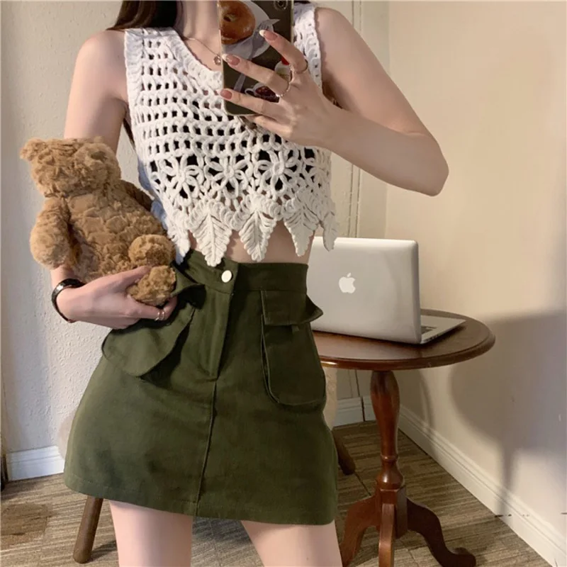 

Boring Honey Solid Colors Round Collar Women Clothing Hollow Out Edible Tree Fungus Sleeveless Crop Top Fashion Women Blouses