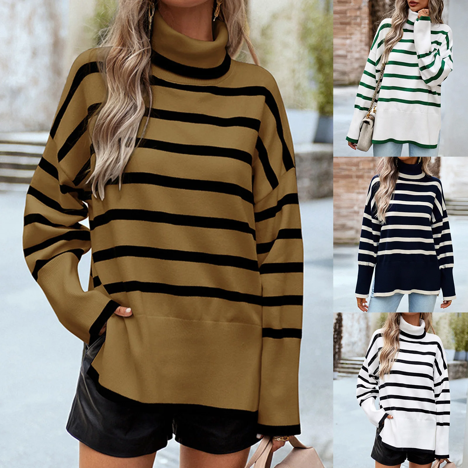 

Turtleneck Soft Striped Top Side Slit Women Warm Shirt Top Loose Fit Basic Sweater Pullover Casual Sweater For Women 2023 Autumn