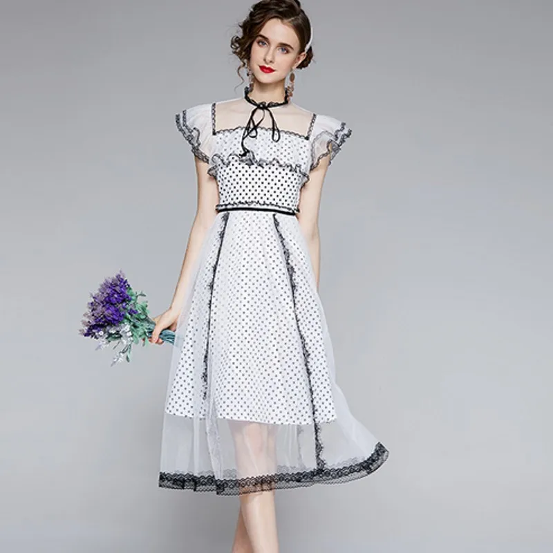 

2022 Summer Temperament Women Mesh Stitching O Neck Lace Dress