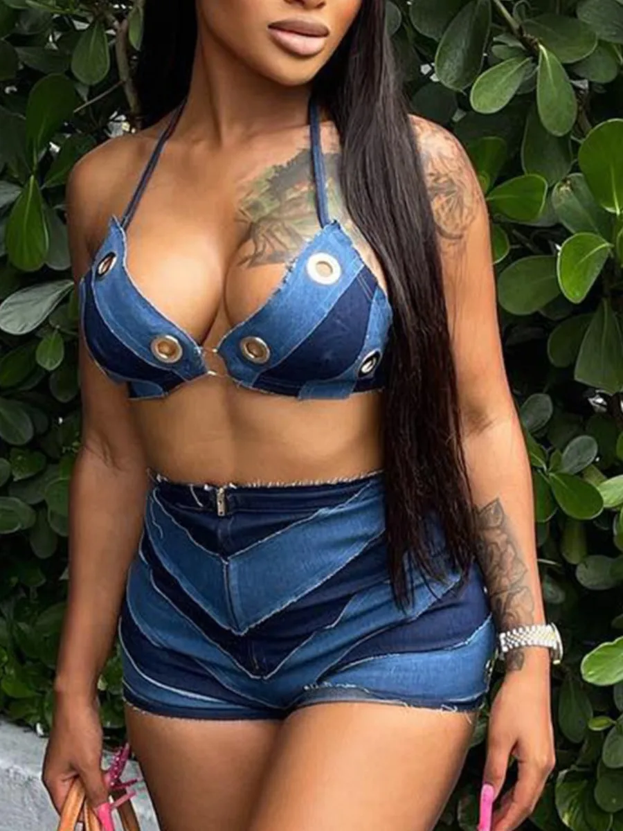 

LW Color Block Sexy Two Pieces Hollow Out Metallic Sleeveless Halter Bra Top&Zipper Up Blue Shorts Sets Trendy Streetwears