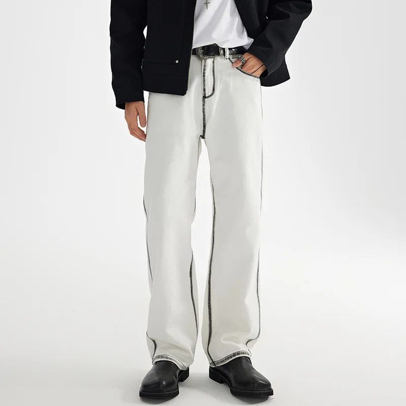 

Осенне-зимние новые уличные дизайнерские джинсы для мужчин, обтягивающие прямые брюки белого цвета с широкими штанинами