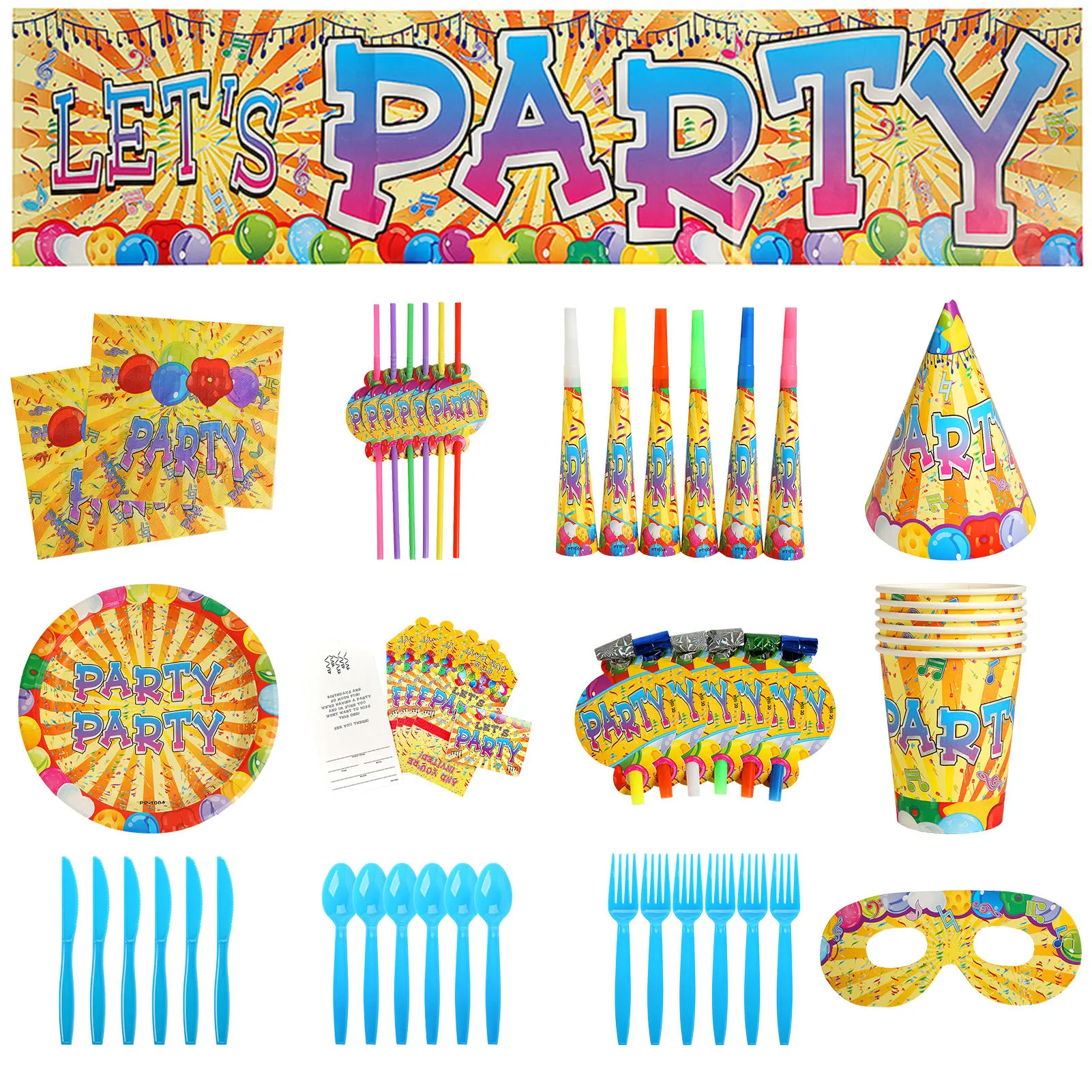 

77PCS Kids Carnival Themed Party Supplies Tableware Plates Cups Spoons Forks Napkins Knives Straws Hat Banner Eye Covers Blowing