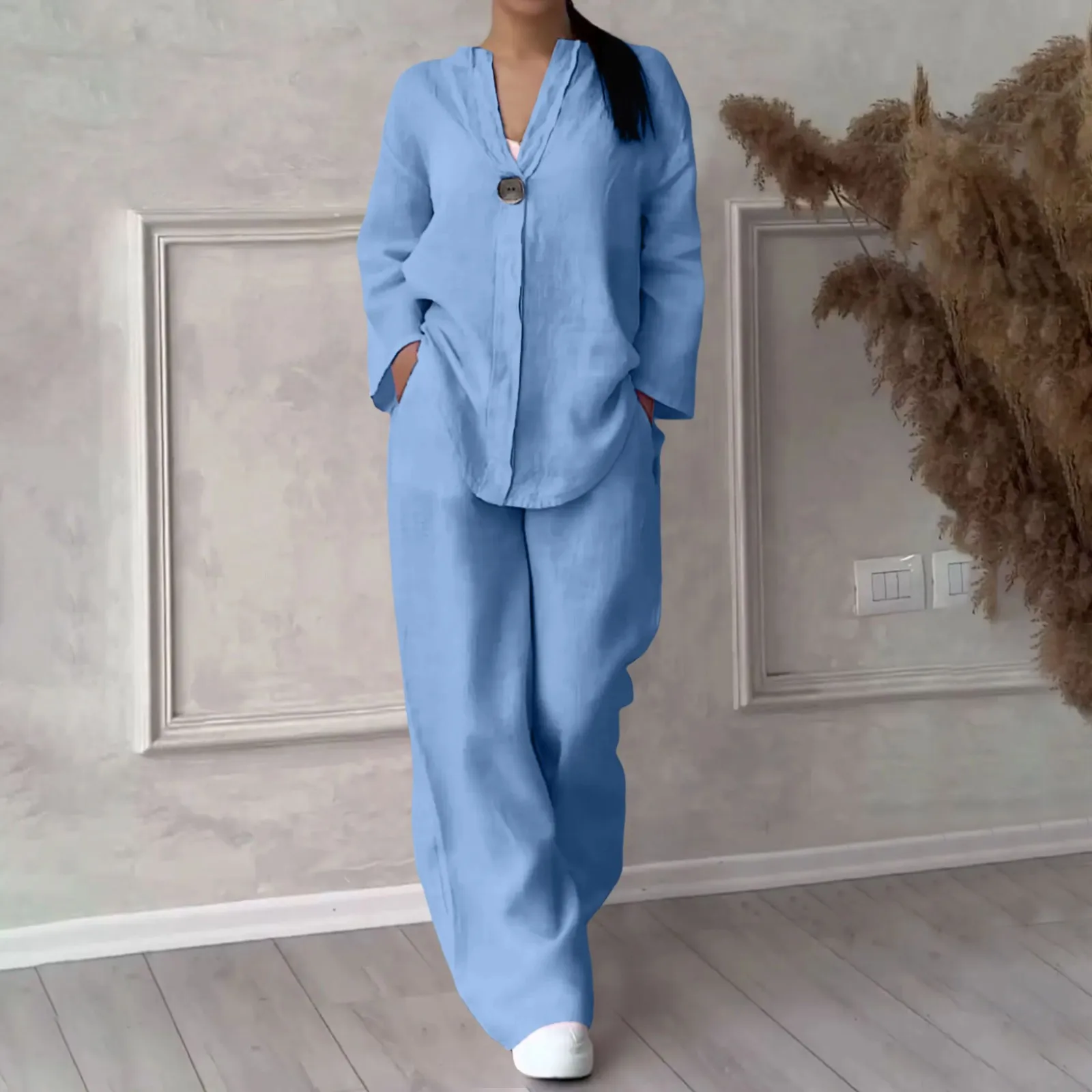 Женский Повседневный комплект из двух предметов блузка смешанного хлопка и