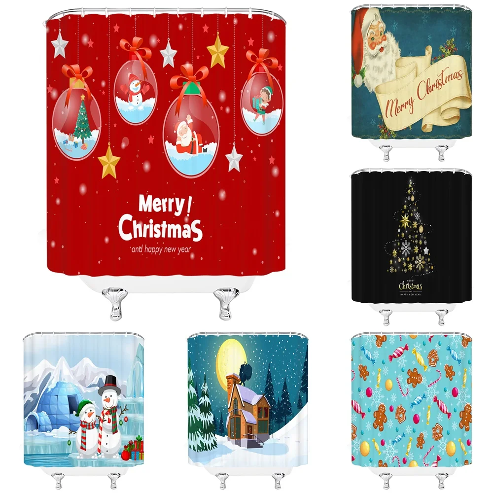 

Xmas Bathroom Curtain Merry Christmas Trees Snowman Santa Claus Holiday Shower Curtains Fabric Waterproof Bath Curtain Hook