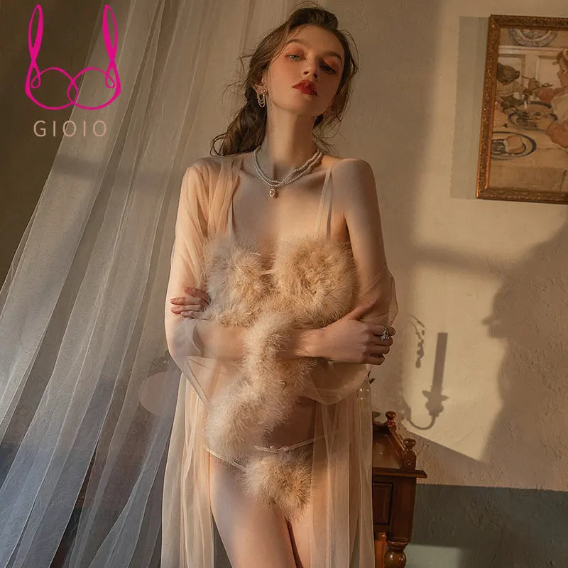 GIOIO Sexy Porn Furry Bra and Thong Panties Erotic Transparent Solid Mesh Robe Set Sensual Uncensored Sling Latex Underwear 2022