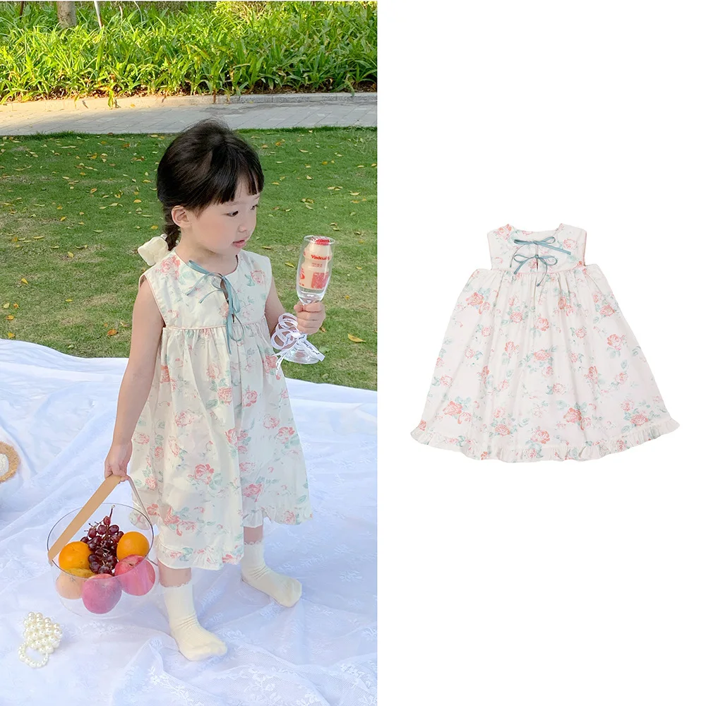 

Children's Dress 2022 Summer Baby Girl Cotton Flower Vest Dress Girls Lace Sleeveless Print Tie Bow Princess Dress 1-5T