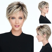 short wigs for women dark roots blonde synthetic ombre hair natural wig with bangs pixie cut short hairstyle costume party wig