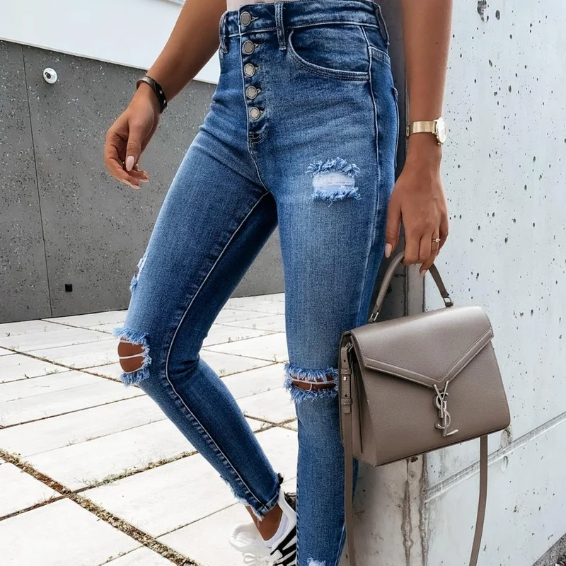 

Women Fashion Hole Bleached Vintage Push Up Slim Denim Pants 2021 Spring Autumn New High Street Elasticity Skinny Jeans Female
