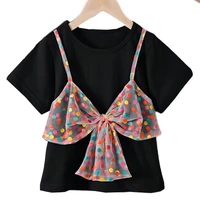 summer tshirts girls cotton candy colour bow knot lace tops korean style sweet girls t shirt casual short sleeve outfits for1 6t