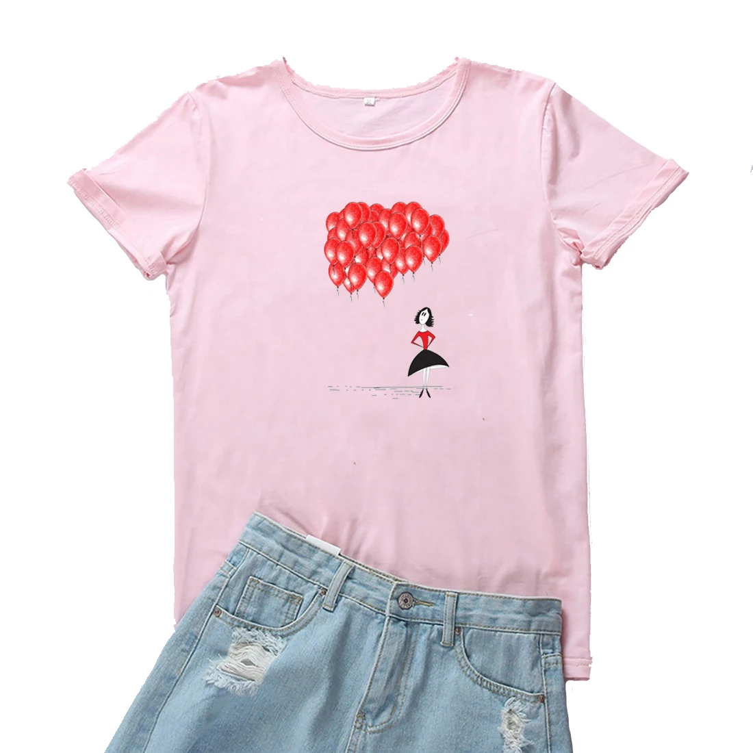 

Футболка женская Свободная с коротким рукавом, с рисунком красных воздушных шаров и девушек, смешная эстетичная рубашка с милым принтом, Y2k