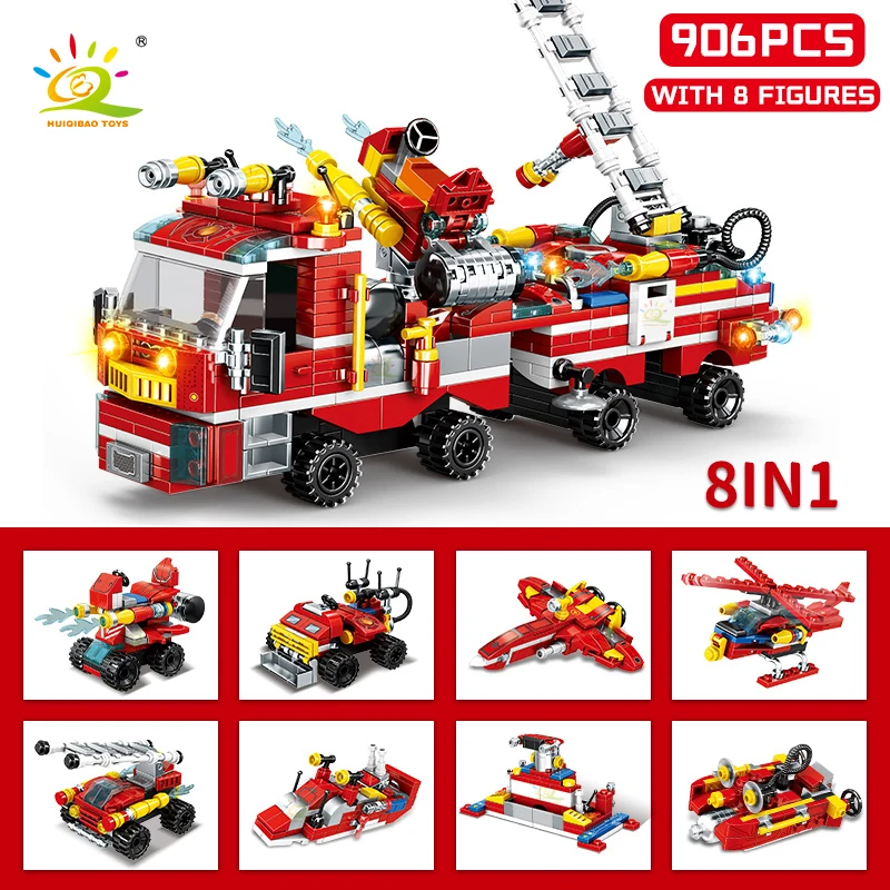 HUIQIBAO City Fire Fighting 8in1 Trucks Car Вертолет Лодка Строительные блоки Фигурки пожарных