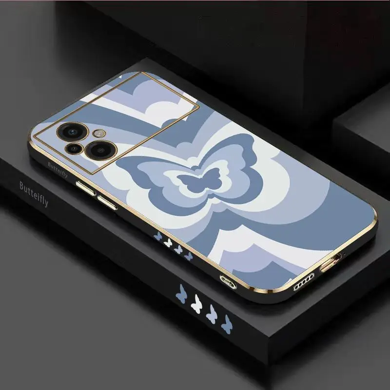 Blue Gradient Butterfly Luxury Plating Phone Case For Xiaomi Poco M5 F4 F4 GT X4 X4 GT M4 Pro F3 X3 M3 X3 NFC X3 Pro C40 Cover