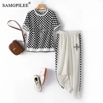 Two Piece Sets Womens Outifits Contrast Plaid Hot Drill O Neck T-shirt Beam Mouth Elastic Waist Women's Pants Set Woman 2 Pieces 1