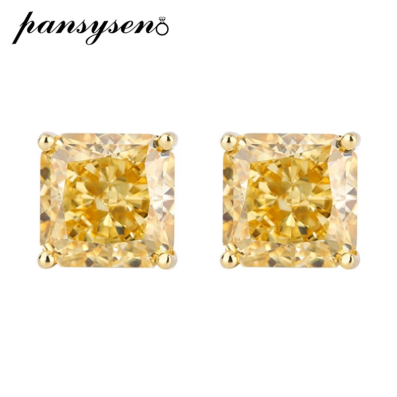 

PANSYSEN Solid 925 Sterling Silver 10MM Radiant Cut Citrine Sapphite Gemstone Stud Earrings Sparkling Wedding Fine Jewelry Gift