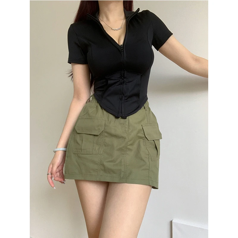 

Summer Spice Girls Stand CollarZipper Short Sleeve N Slim Outdoor Cycling Casual Sports Yoga Tops