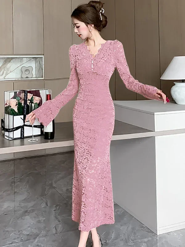 2024 Новое розовое кружевное платье с цветочным крючком шикарное длинное женское