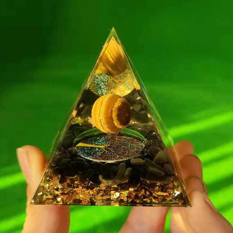 

HANDMADE Tiger Eye Crystal Sphere & Obsidian Quartz Orgone Pyramid 60MM Reiki Energy Healing Chakra Meditation Home Decoration